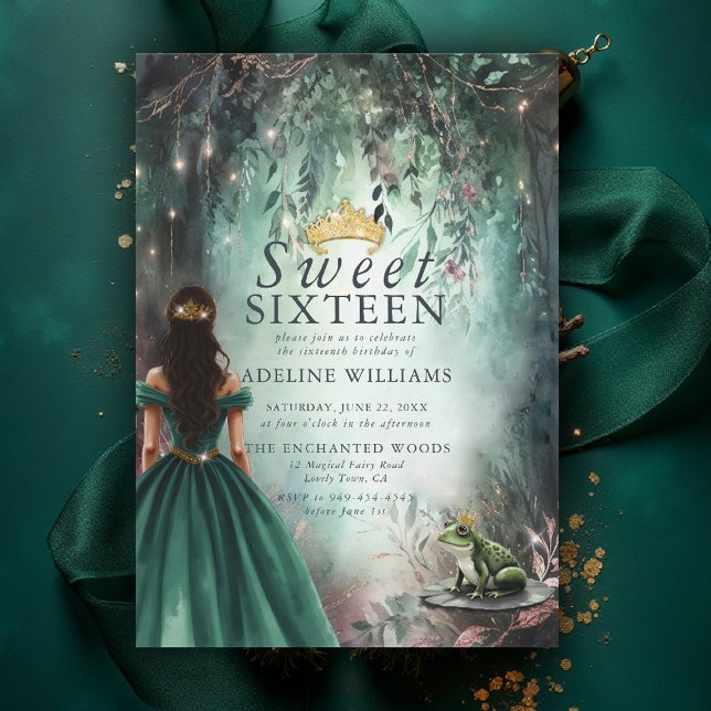 Fairytale Süße der verzauberten Waldprinzessin 16 Einladung (sweet sixteen birthday party invitations enchanted forest princess frog prince emerald green pink)