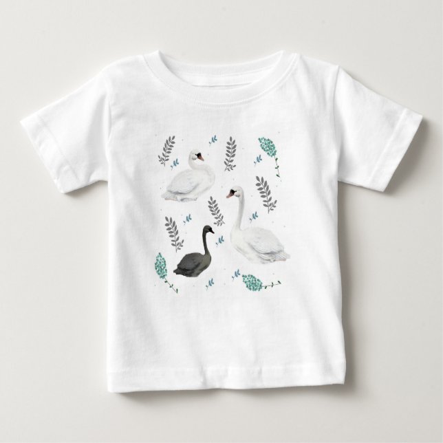 Fairytale Swan Illustration Folk Botanical Baby T-shirt (Vorderseite)