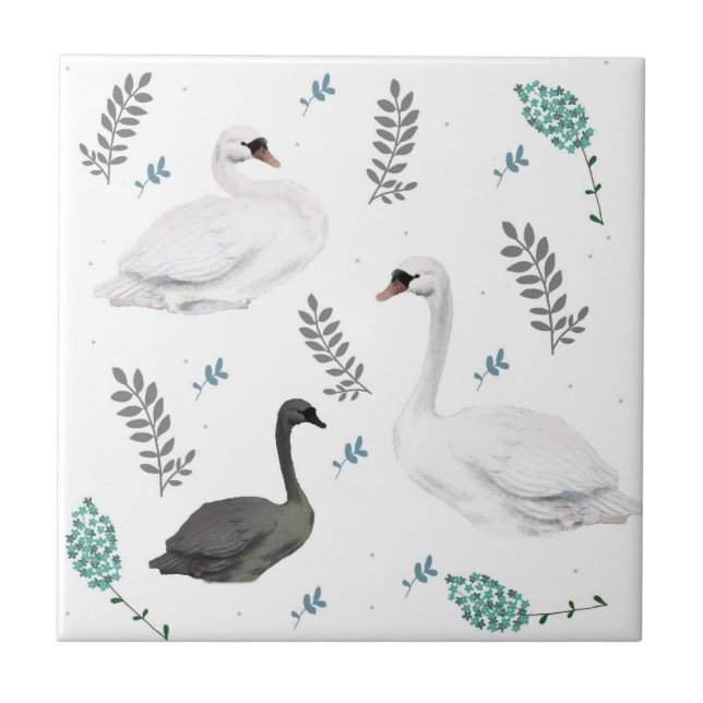 Fairytale Swan Illustration Folk Botanical Fliese (Vorderseite)