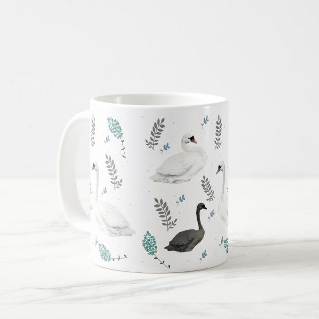 Fairytale Swan Illustration Folk Botanical Kaffeetasse (Vorderseite Links)