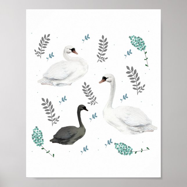 Fairytale Swan Illustration Folk Botanical Poster (Vorne)