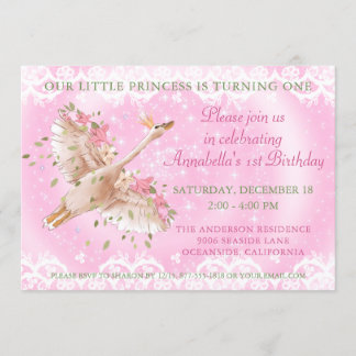 Fairytale Swan Pink Floral und Spitze 1. Geburtsta Einladung