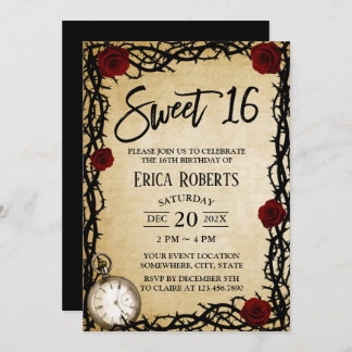 Fairytale Sweet 16 Vintage Rote Rose & Thorn Einladung