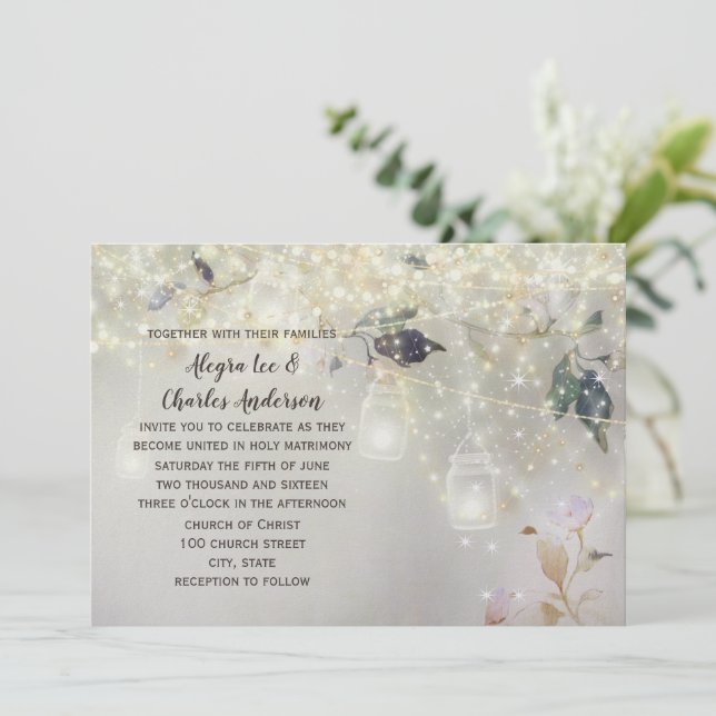 Fairytale Woodsy Farmhouse Mason Jar Wedding Einladung (Stehend Vorderseite)