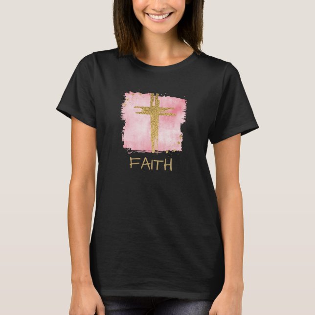 *~* FAITH Christlicher PinK Cross Gold Glitzer T-Shirt (Vorderseite)