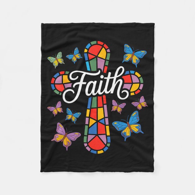 Faith Cross Butterflies And Flowers Christian  Fleecedecke (Vorderseite)