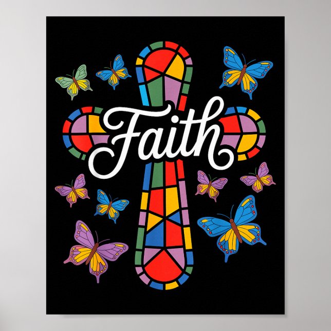 Faith Cross Butterflies And Flowers Christian  Poster (Vorne)