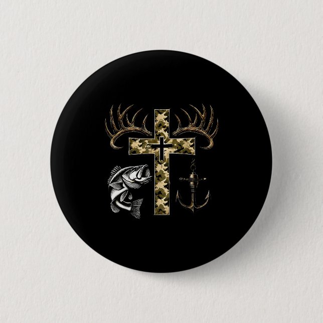 Faith Fishing Hunting Camo Cross With Hook B Chris Button (Vorderseite)