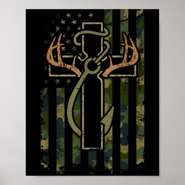 Faith Fishing Hunting Camo Us Flag Cross With Hook Poster (Vorne)