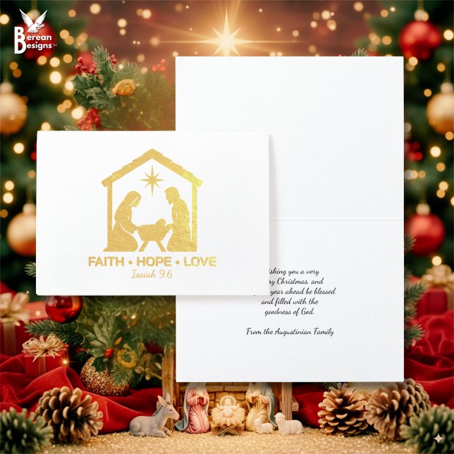 FAITH HOFFNUNG LIEBE Christlich Weihnachten Weihna Folienkarte (Stylish gold foil Christian Christmas Nativity card based on FAITH HOPE LOVE. Customizable text.)