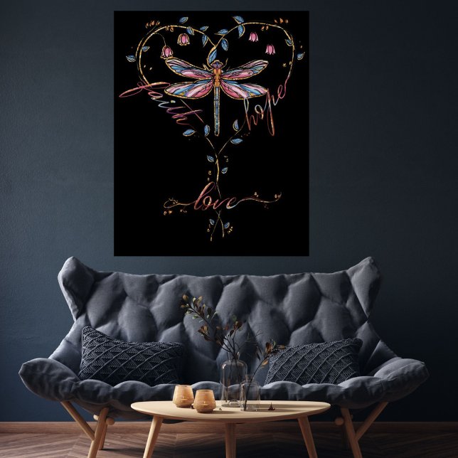 Faith Hope Liebe Dragonfly Floral Heart Black Poster (Von Creator hochgeladen)