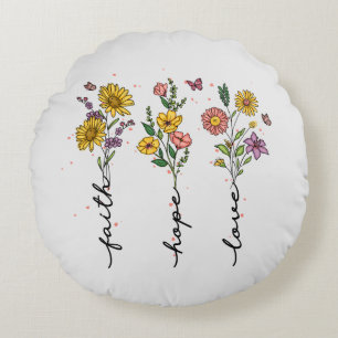 "Faith-Hope-Liebe" Inspirierend Blumendesign Rundes Kissen