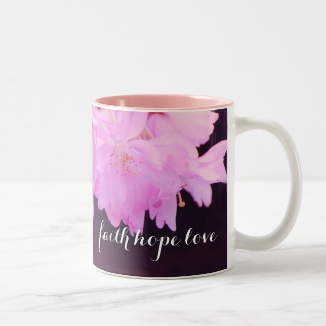 Faith Hope Love Monogram Name Pink Cherry Blossom Zweifarbige Tasse (Rechts)