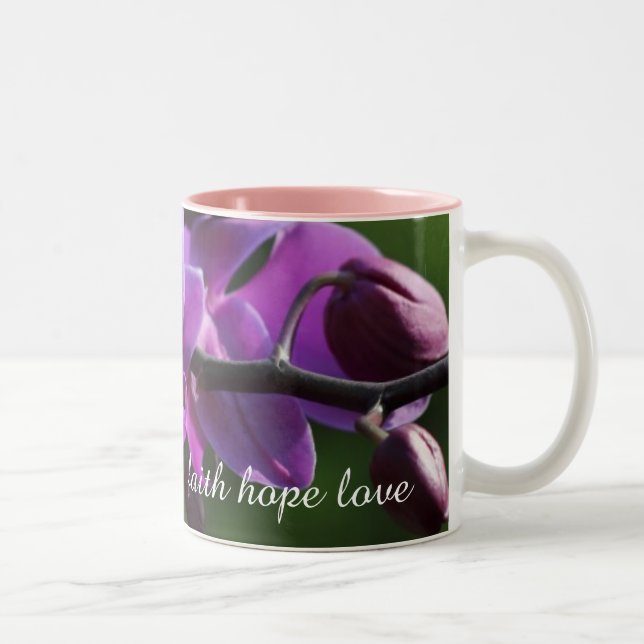 Faith Hope Love Monogram Name Pink Orchid Blossoms Zweifarbige Tasse (Rechts)