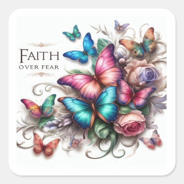"Faith Over Angst" Elegante Schmetterlingsticker - Quadratischer Aufkleber (Vorderseite)