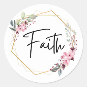 Faith Pink und Green Floral Gold Frame   Runder Aufkleber