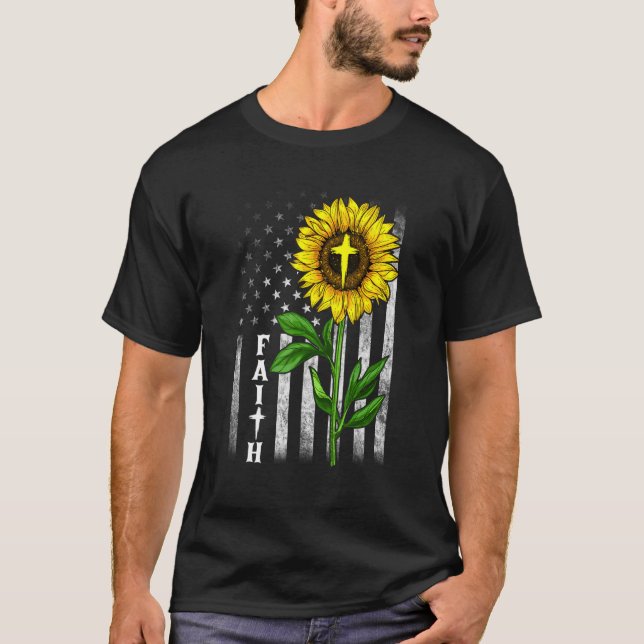Faith Sunflower US American Flag Cross Christlich T-Shirt (Vorderseite)