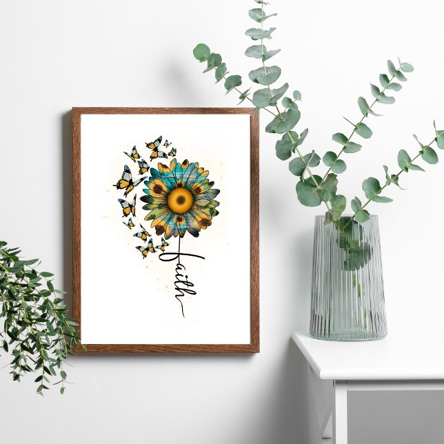 Faith Sunflowers Butterflies Christlich Religious Poster (Faith butterflies Sunflowers Wall Art. Digital and Printed. )