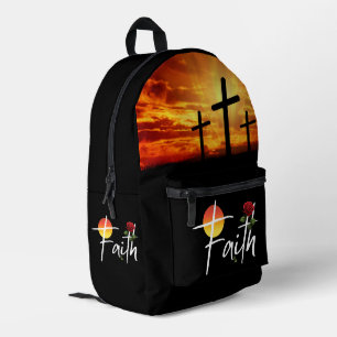Faith White Typografy mit Rose und Kreuz Bedruckter Rucksack