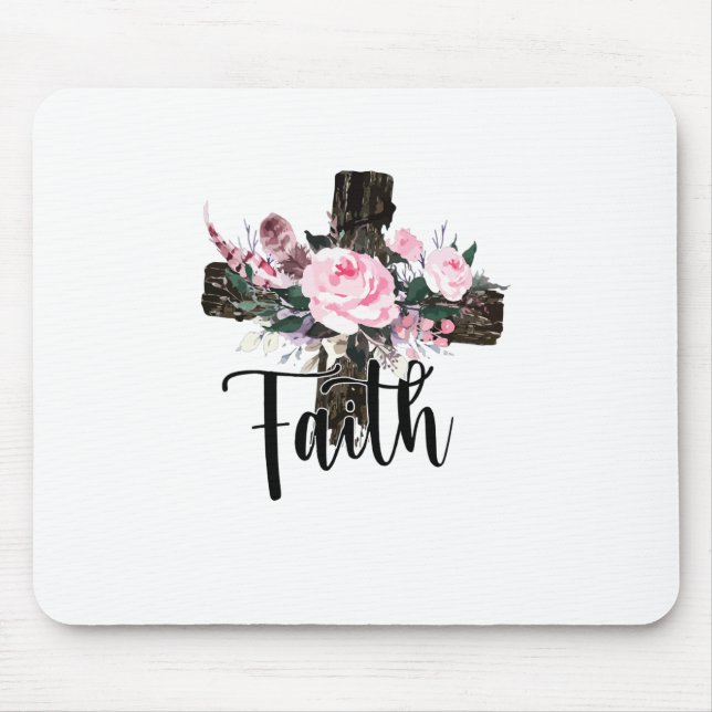 Faith Wood Cross mit Blume, Christlicher Glaube Mousepad (Vorne)