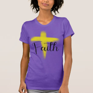 Faith Yellow Brush Cross Inspirational Women T-Shirt