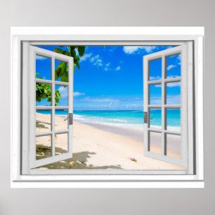 Fake-Fenster mit tropischer Strand-Ozean-Ansicht Poster