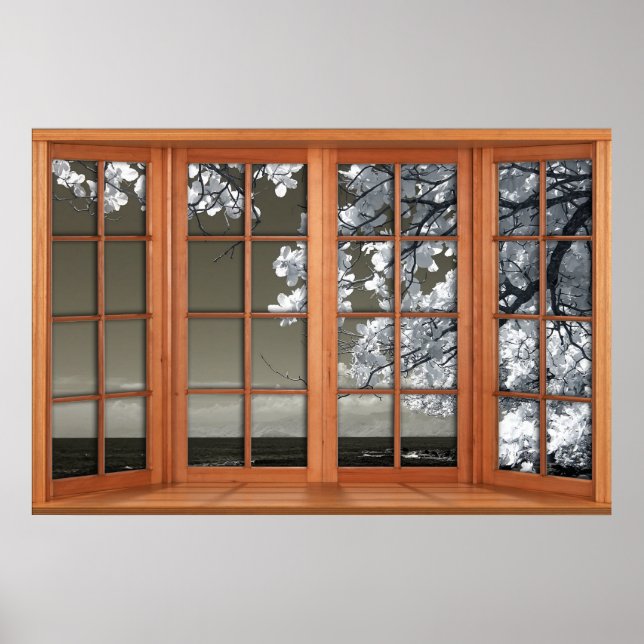 Fake Window Illusion - Ominrot-weiße Blüten Poster (Vorne)