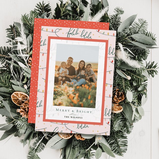 Falalala Christmas Lights Holiday Pink Photo Card Einladung (Von Creator hochgeladen)