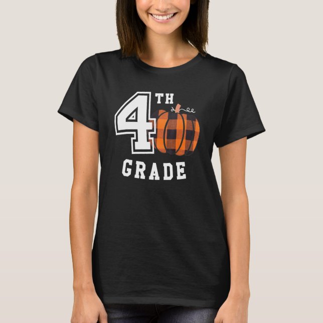 Fall 4th Grade Teacher Buffalo Plaid Pumpkin Women T-Shirt (Vorderseite)