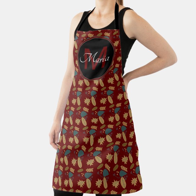 Fall Acorn und Blätter Burgandy Muster Monogram Schürze (InSitu)