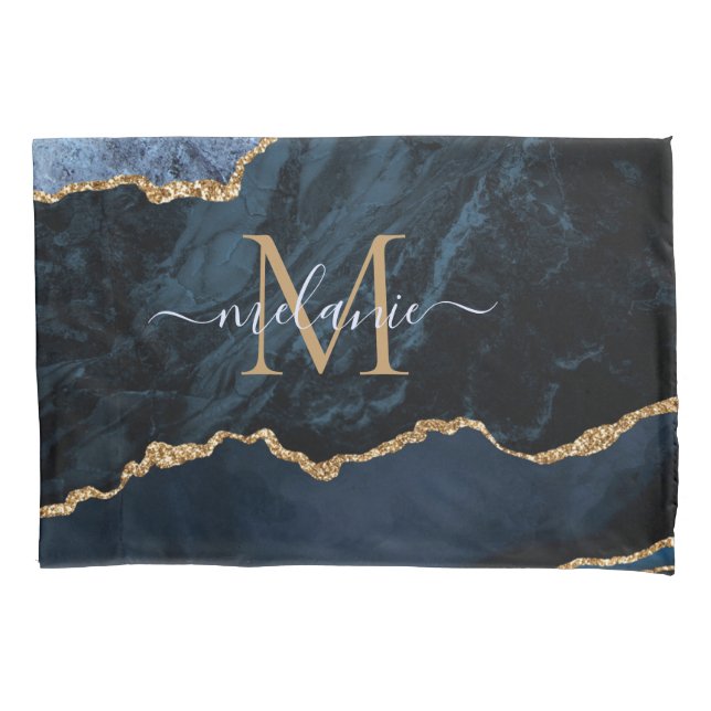 Fall Agate Navy Blue Gold Name Letter Pillow Kissenbezug (Vorderseite)