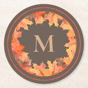 Fall-Ahorn-Blätter Monogramm braun Runder Pappuntersetzer