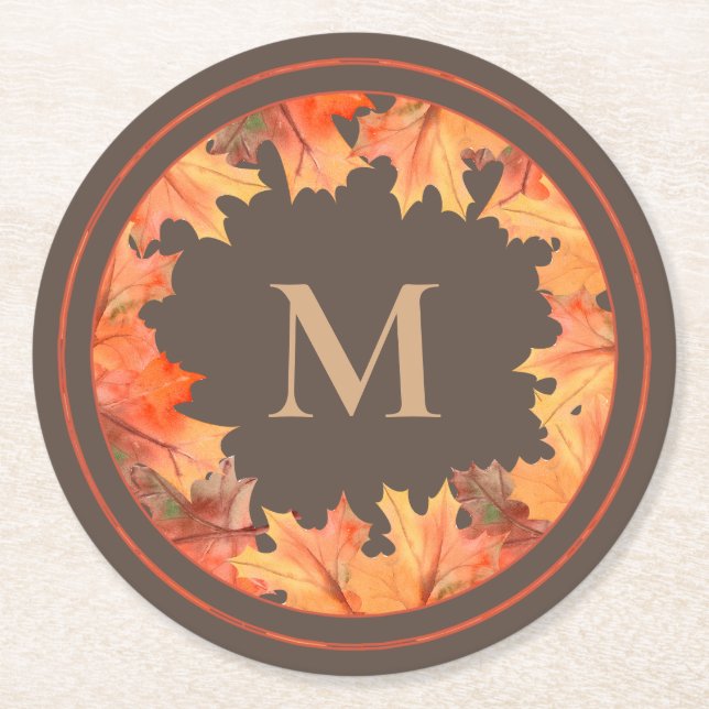 Fall-Ahorn-Blätter Monogramm braun Runder Pappuntersetzer (Vorderseite)
