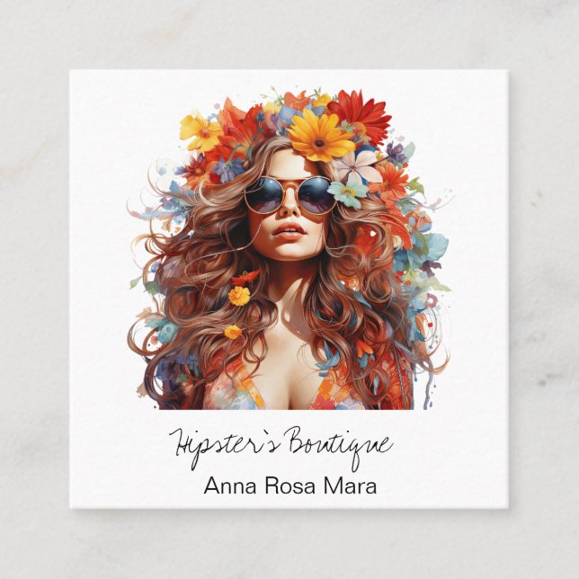 *~* FALL AP57 QR Boho Blume Hair Hippie Lady Quadratische Visitenkarte (Vorderseite)