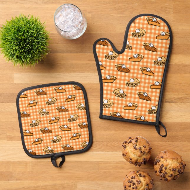 Fall Apple Pumpkin und Pecan Pie Muster Ofenhandschuh & Topflappen-Set (Oben Unten)