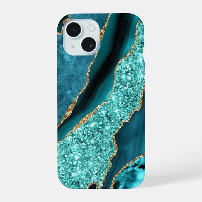 Fall aquamarin Blue Gold Glitzer Marble Aqua iPhon iPhone 15 Hülle (Rückseite)