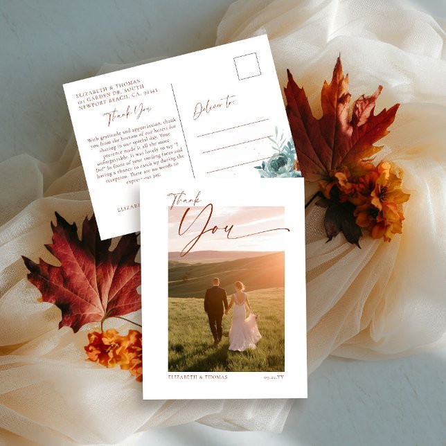 Fall Aquamarin Burnt Orange Wedding Foto Vielen Da Postkarte (fall wedding shower baby photo thank you teal burnt orange terracotta watercolor floral botanical)