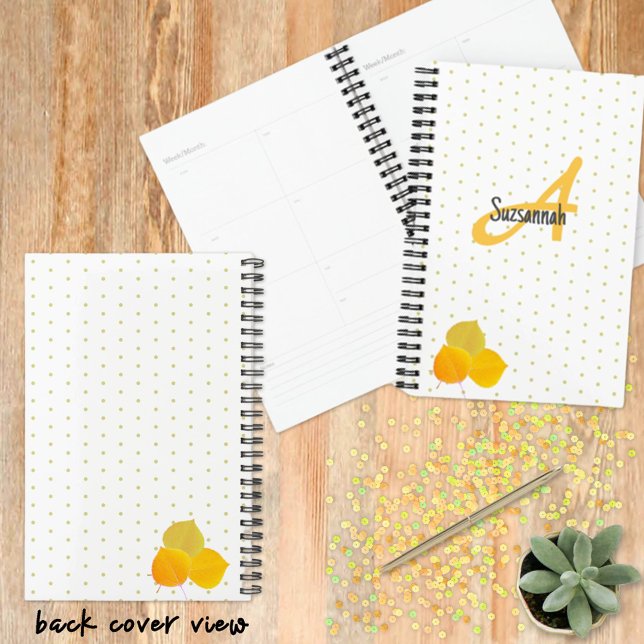 Fall-Aspens-Blätter und Monogram-Polka-Punktmuster Planer (Autumn inspired personalized planner cover design features fall colored Aspen leaves front and back.)