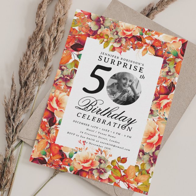 Fall Autumn Floral Photo SURPRISE 50th Birthday  Einladung (Fall Autumn Floral Photo SURPRISE 50th Birthday Invitation)