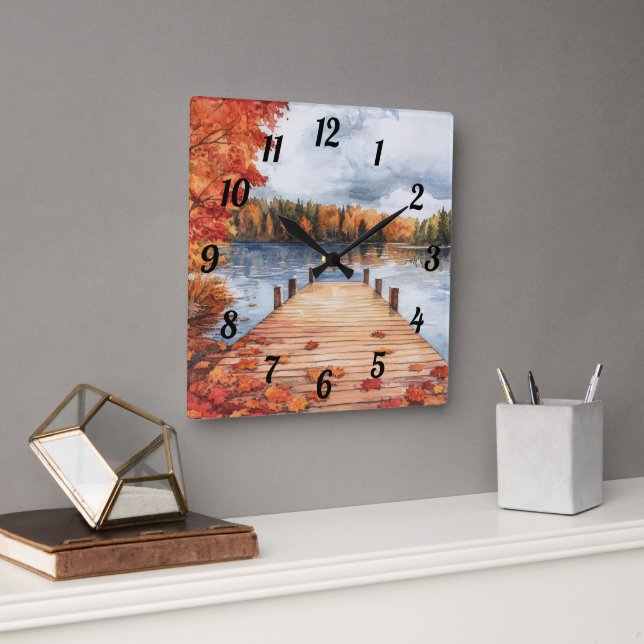 Fall Autumn Nature Lake Trees Landscape Painting Quadratische Wanduhr (Büro)