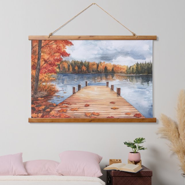 Fall Autumn Nature Lake Trees Landscape Painting Wandteppich Mit Holzrahmen (Schlafzimmer)