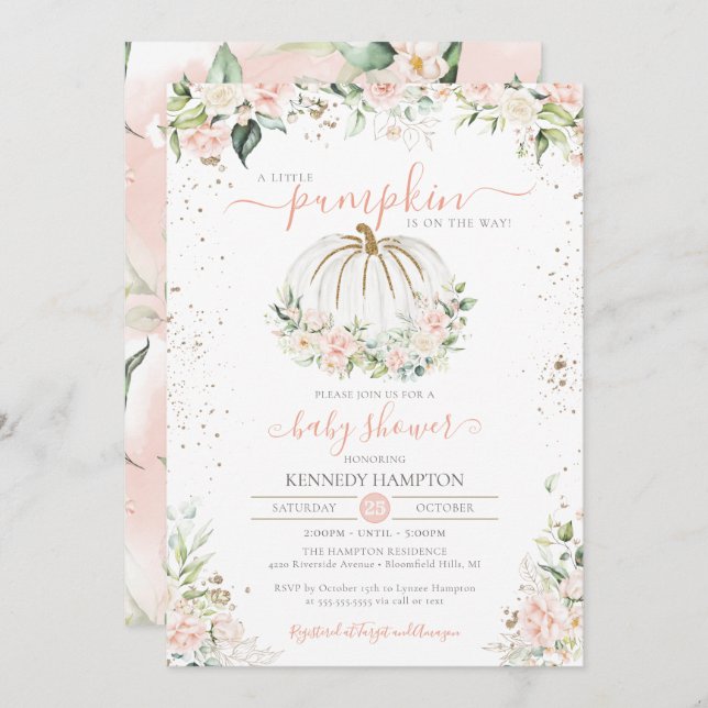 Fall Baby Dusche Blush Pink & White Little Pumpkin Einladung (Vorne/Hinten)