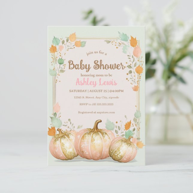 Fall Baby Dusche Kürbis Einladung rosa Gold (Stehend Vorderseite)