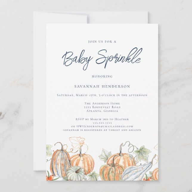 Fall Baby Dusche Sprinkle Pumpkin Blue Einladung (Vorderseite)