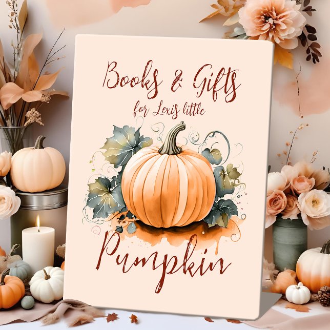 Fall Baby Dusche Wasserfarbe Pumpkin Tabelle Gesch Sockelschild (Fall baby shower gift table Pumpkin sign, a decoration idea with a boho chic gender neutral theme.)