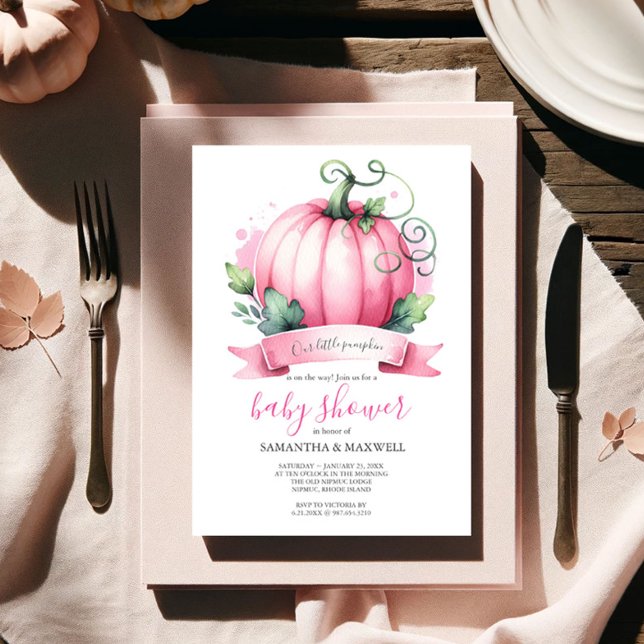Fall Baby Duwer Einladungen Kleine Pumpkin Girl (Fall baby shower invitations watercolor pink pumpkin theme for a girl event Victoria Grigaliunas)