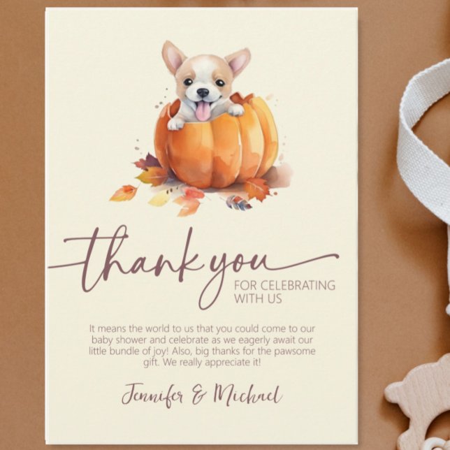 Fall Baby Duwer Pumpkin Flat Danke Karte (Cute Fall Baby Shower Little Pumpkin Puppy Flat Thank You Card)