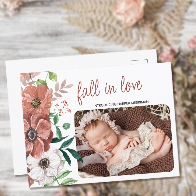 Fall Baby Foto Herbst Blume Geburt Ankündigungspostkarte (Von Creator hochgeladen)