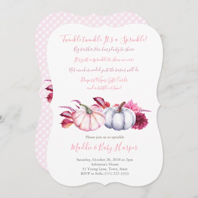 Fall Baby Sprinkle für Mädchen mit Pumpkins-Blätte Einladung (Vorne/Hinten)