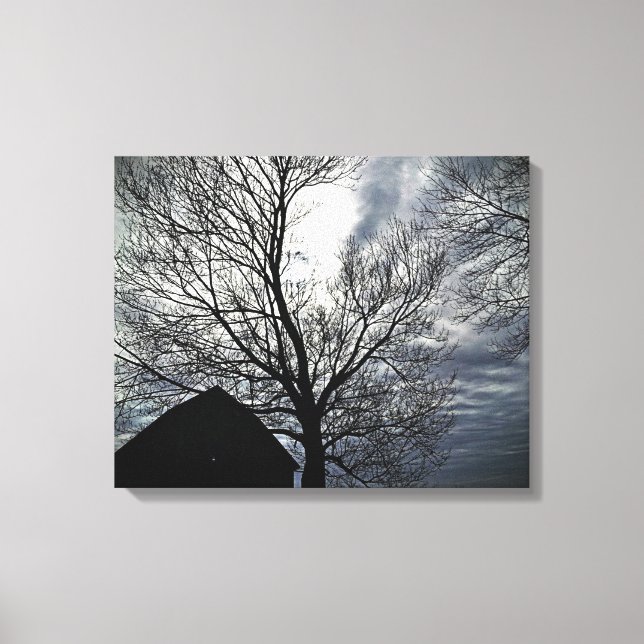 Fall Barn Moonlit Sky Moderne Schwarz & Weiß Leinwanddruck (Vorderseite)